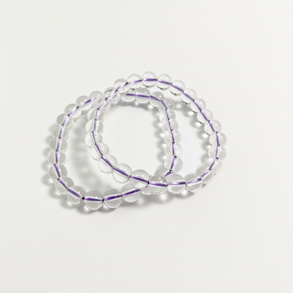 Clear‎ Quartz Bead Bracelet Set Purple Stretch Cord Round Polished Crystal 2pc